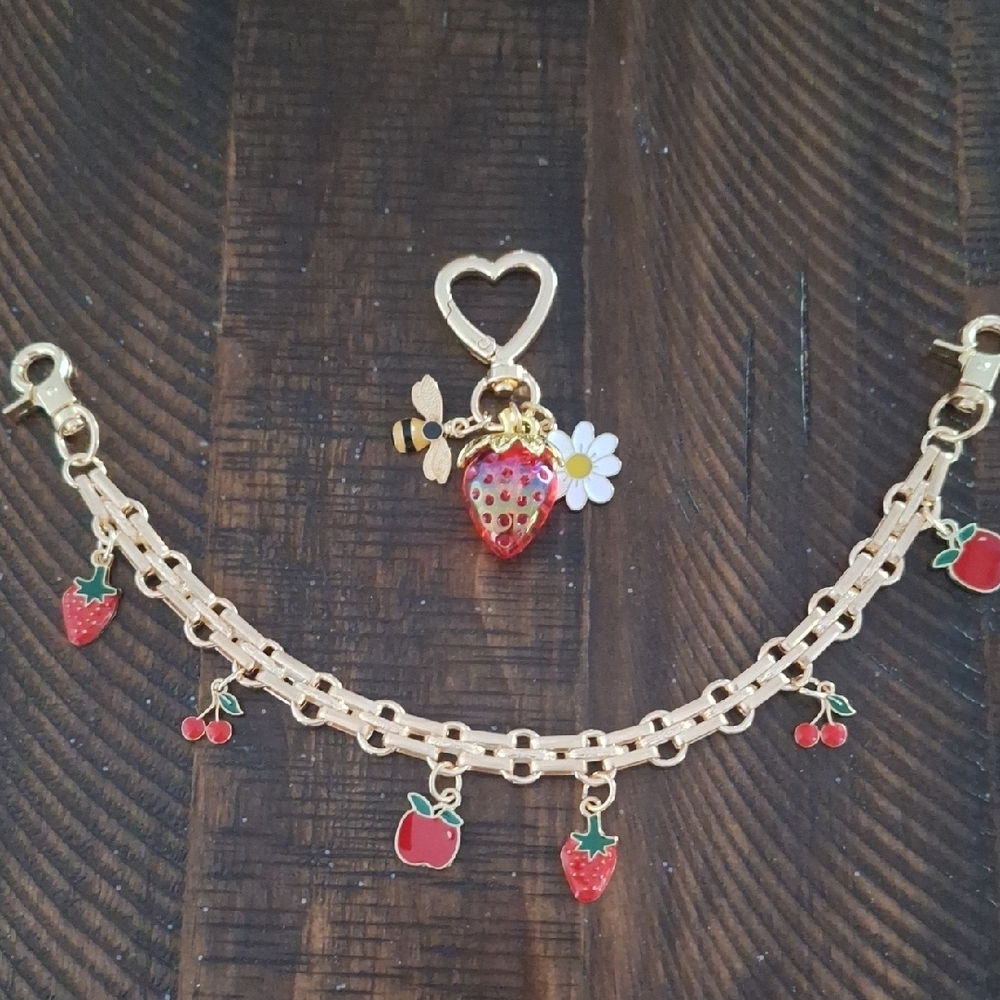 Gold Strawberry and Apple Bag Charm And Keychain Charm